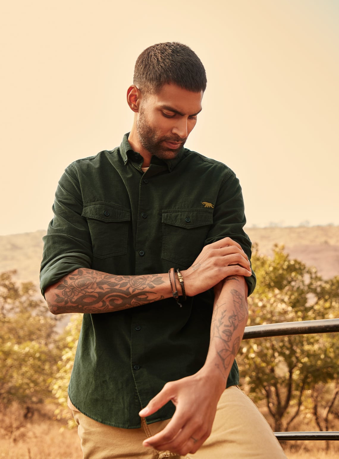 Buy Men's Linen Rug Green Overshirt Online | SNITCH